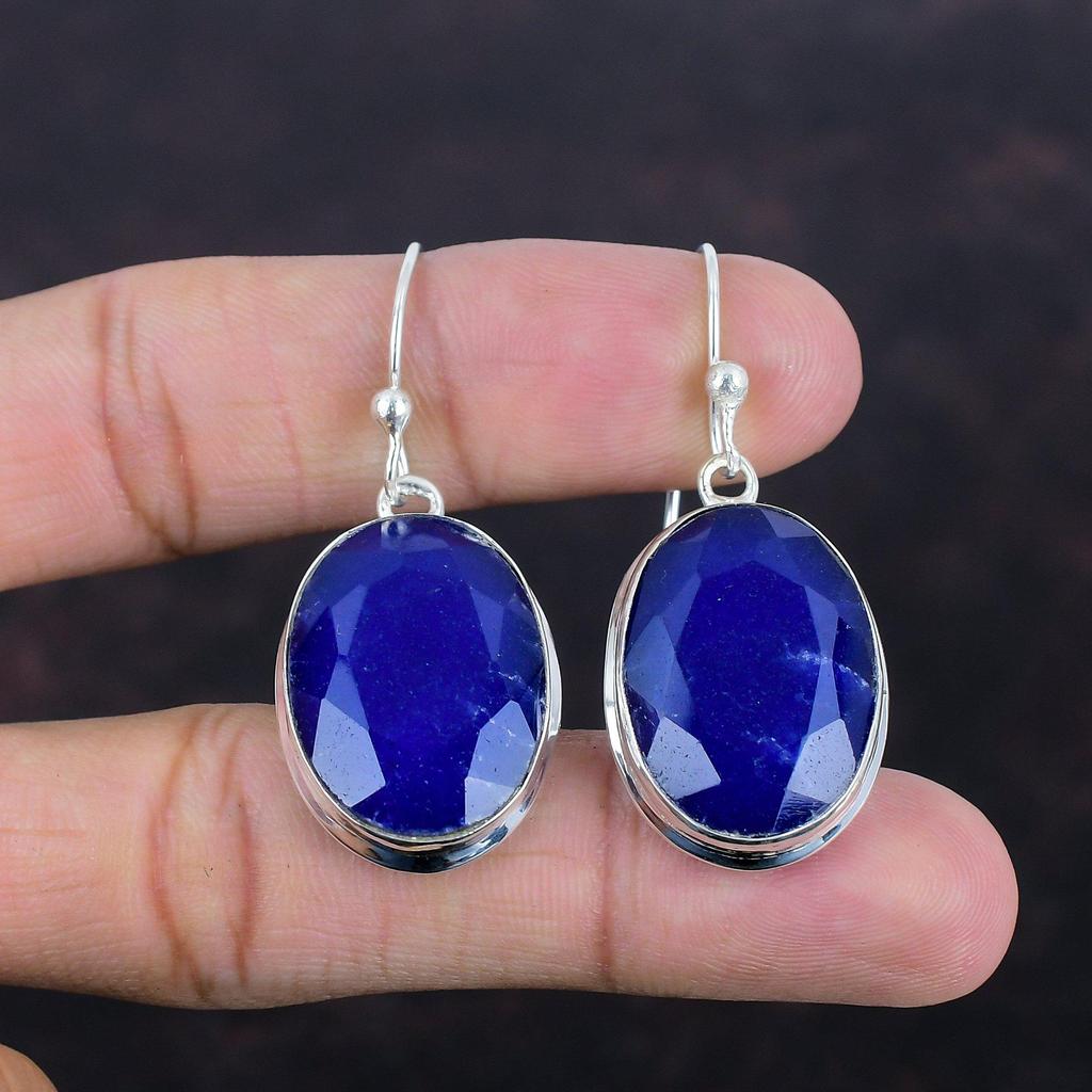 Faceted Blue Sapphire Earring 925 Sterling Silver Earring Gemstone Earrings Blue Sapphire Handmade Jewelry Antique Drop Earring Gift For Mom