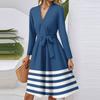 Женское модное повседневное миди-платье с V-образным вырезом, длинным рукавом, полосатым принтом на талии