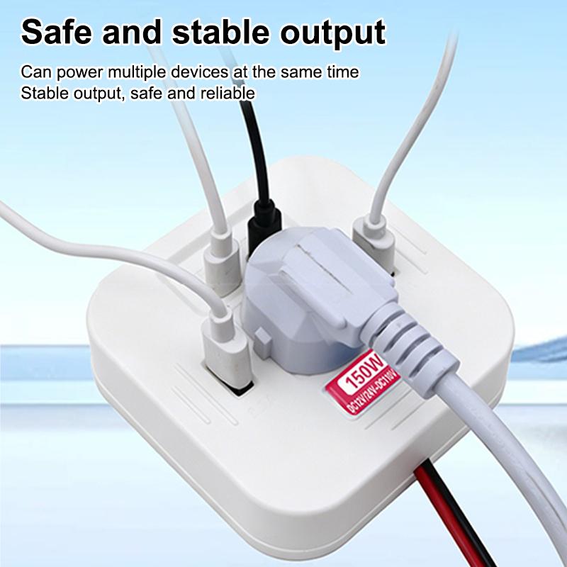 Автомобильный инвертор питания 150 Вт с USB-C быстрой зарядкой, розетками переменного тока, огнестойким корпусом из АБС-пластика для дорожных поездок, зарядки нескольких электронных устройств