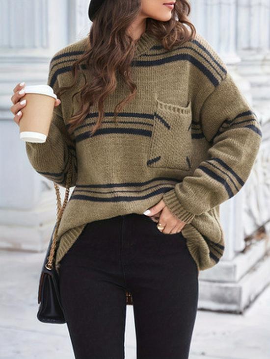 Women's Casual Stripe Knit Pullover with Pockets