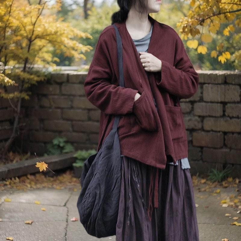 Johnature Винтажное женское пальто с длинными рукавами в китайском стиле, однотонное свободное пальто с V-образным вырезом на осень