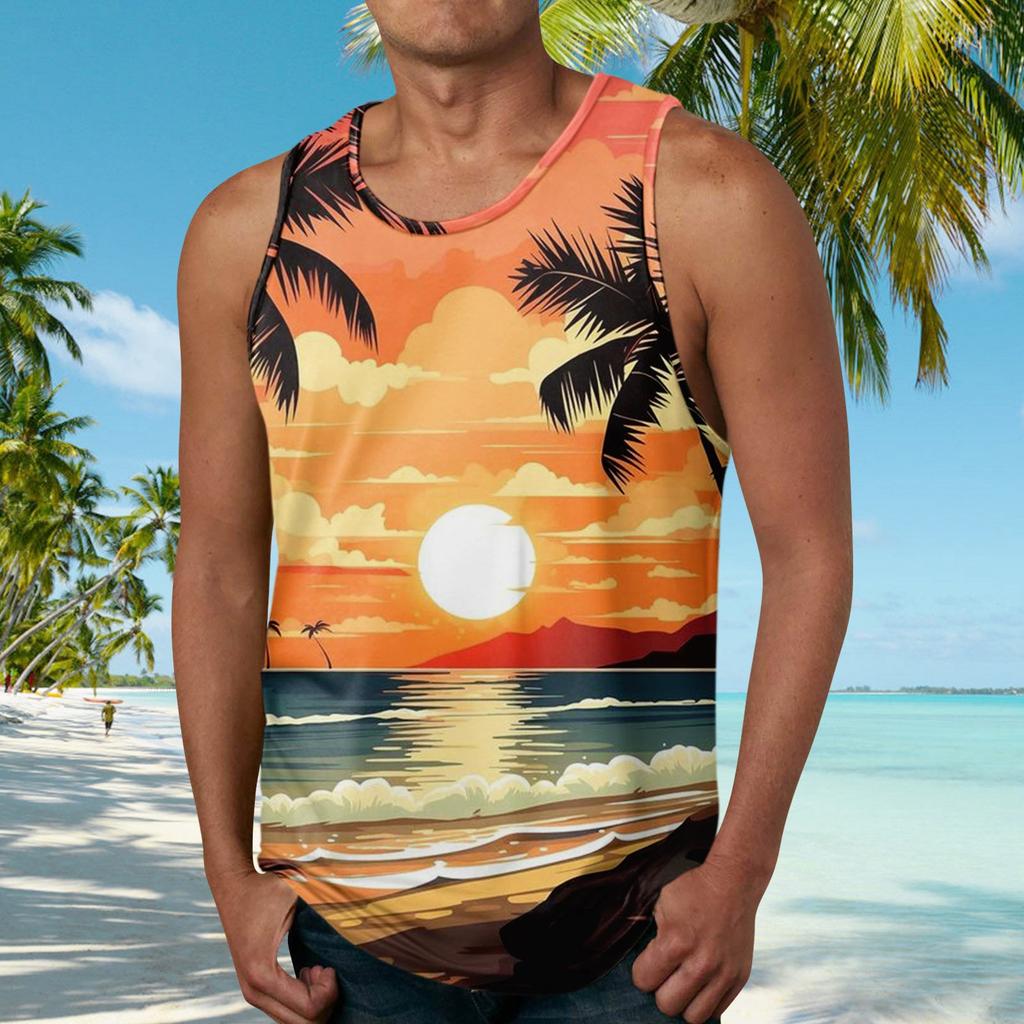 Hawaiian Tanks For Men Casual Fashion Sleeveless Summer Beach Printed Round Neck Tank Top