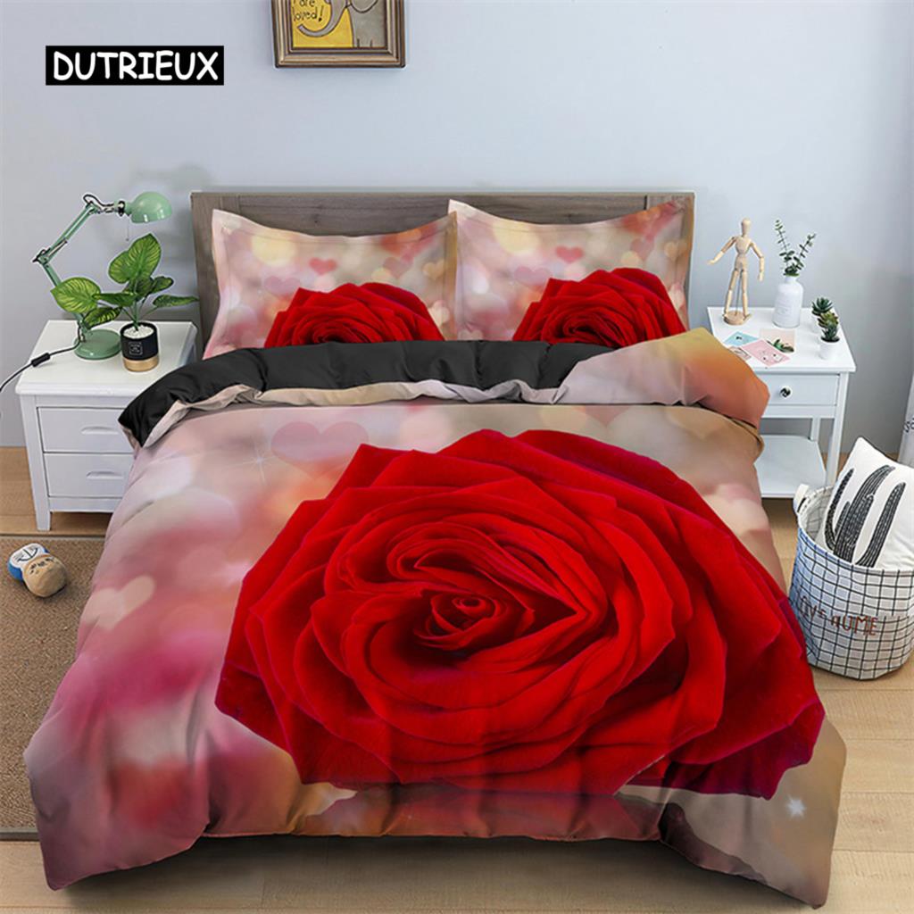Комплект постельного белья Rose Duvet Set из микрофибры Pink Heart Rose Romantic Flower Tema Комплект постельного белья для влюбленных Double Queen King Size Покрывало для пододеяльника