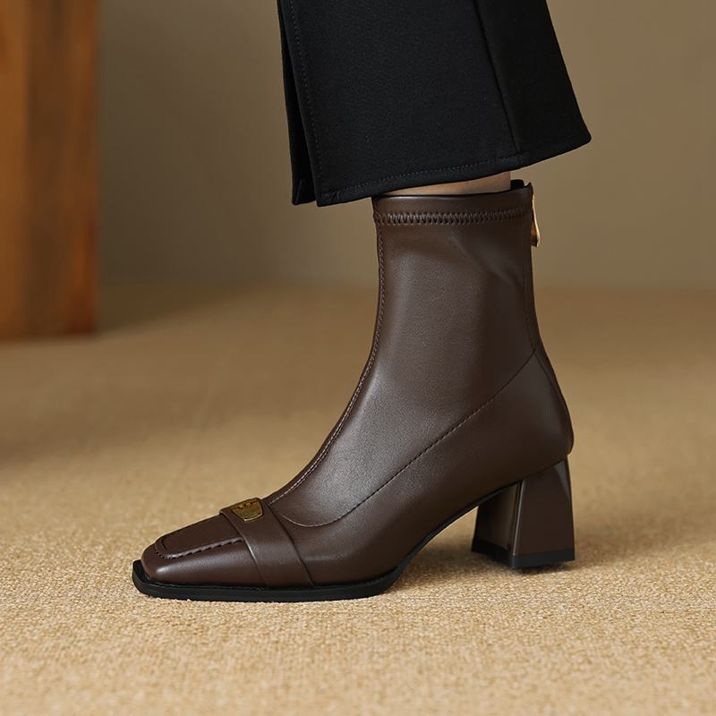 Krazing Pot Зимние короткие ботинки из микрофибры с квадратным носком и толстым каблуком, современные женские эластичные ботильоны с металлической застежкой, размер 42