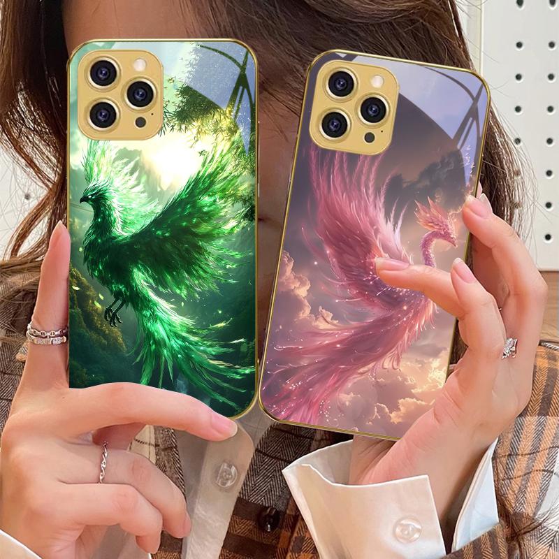Золотой Феникс Раскрывающийся Для iPhone 16 Pro Max 15 P Ro 14 13 Plus 12 Mini 11Pro Max XS Max XR Золотой Чехол для Телефона из Закаленного Стекла