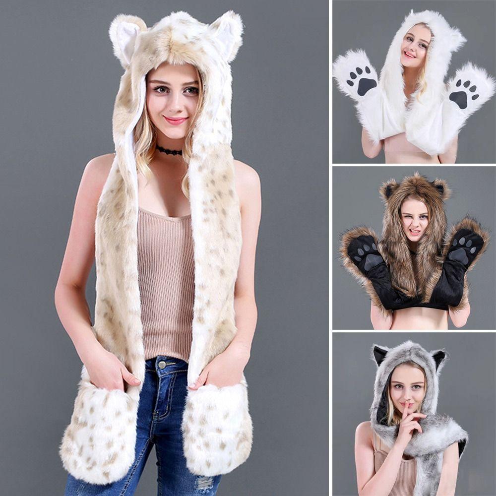 Теплая Теплая Шапка-Ушанка Животное Плюшевая Шапка-Бини Зимняя Шапка с Шарфом Перчатками для Мужчин Женщин