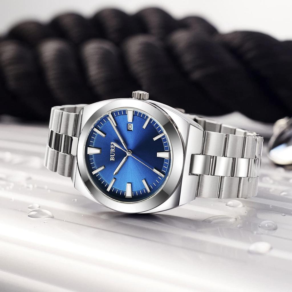 BUREI Analog Quartz Large Date Silver Watch for Gift Men's Watch, Simple, Waterproof, Silver, Dial, Display, Popular, Stylish, Gentleman's, Business,