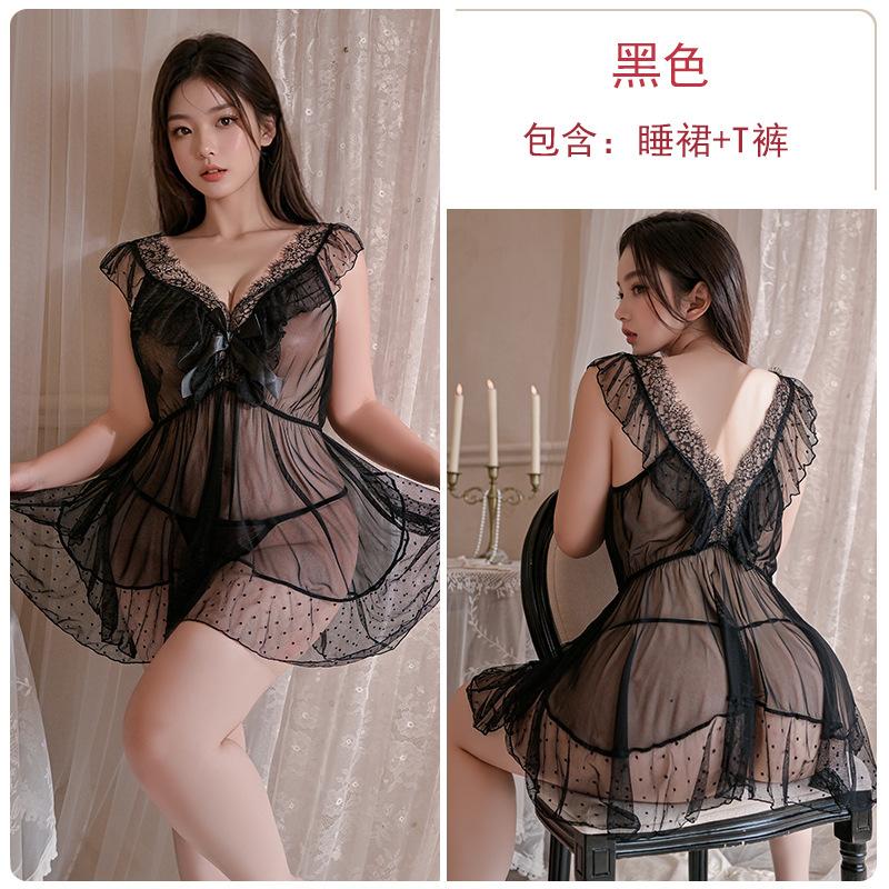 Women's Plus Size Lace Polka Dot Sheer Deep V Low Cut Sleep Dress Lingerie Set