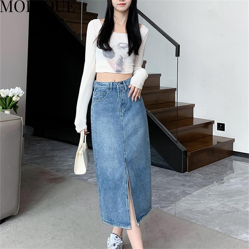 MODIQUE, осенняя новая женская повседневная винтажная джинсовая длинная юбка трапециевидной формы с высокой талией, женская свободная однотонная милая рваная синяя юбка, зимняя
