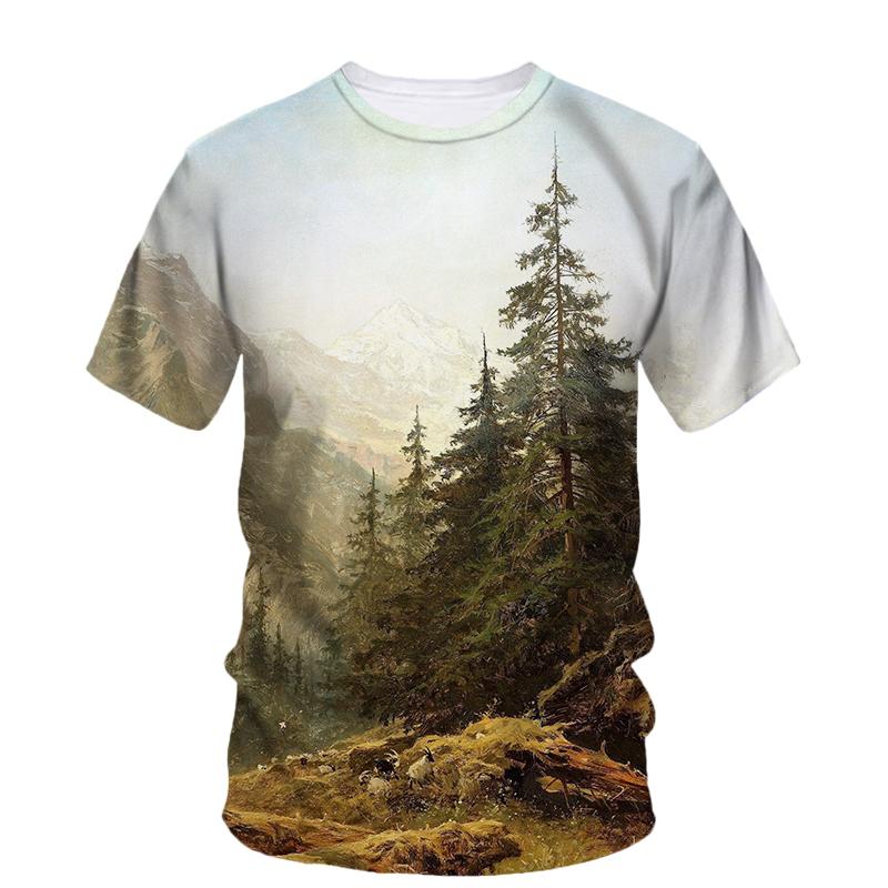Летние новые пейзажные картины маслом, художественные графические футболки, модные литературные молодежные повседневные футболки, индивидуальные мужские топы с круглым вырезом с принтом