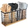 1pc Oversized Kitchen Utensils Stand With 4 Compartments, Matte Black Metal Stand With Wooden Base, For Kitchen Countertops,