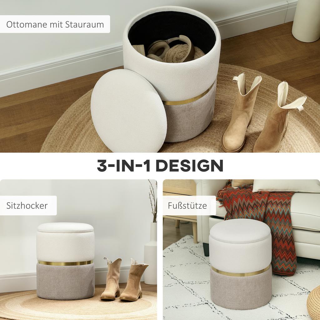 Sitzhocker With Storage Space Ottoman With Lid Metal Ring Two Tone Design 36 X 36 X 44 Cm Cream White