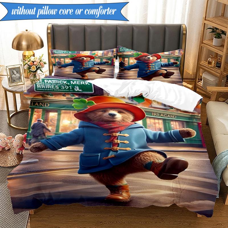 3PCS Red Hat Bear In The City Bedding Set,Including 1pc Duvet Cover And 2pcs Pillowcases Perfect for Bedroom, Dormitory, Fan Christmas gift