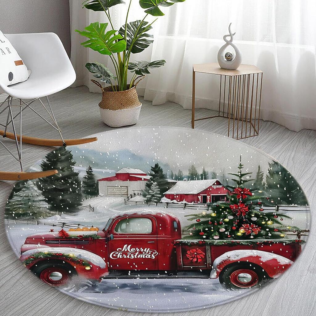 Winter Christmas Round Rug for Living Room Non Slip Bedroom Mats Circle Rugs for Room Home Christmas Decorations Carpet