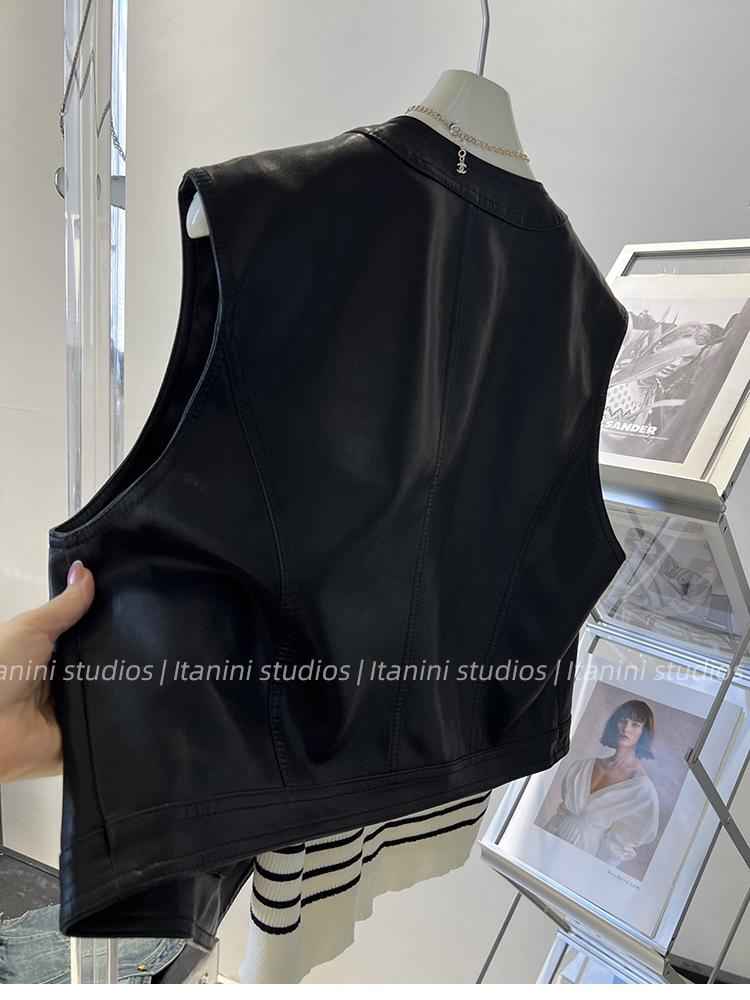 Женский мотоциклетный жилет из искусственной кожи - Короткий жилет без рукавов, 2025 Осень Корейский стиль верхняя одежда
