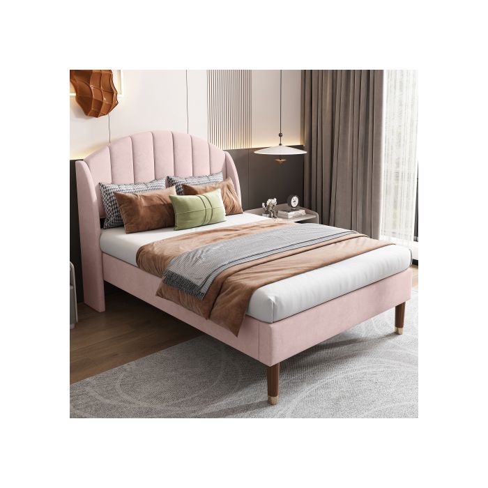 Lit rembourré - MUVOE - 90x200 cm - Velours rose - Sommier à lattes - 1 place