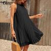 Celmia Летнее тонкое женское модное вечернее мини-платье без рукавов плиссированный сарафан однотонное повседневное свободное короткое платье размера плюс