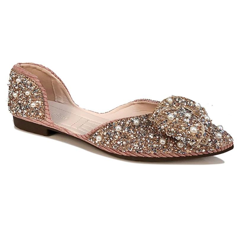 Модные блестящие хрустальные балетки женские 2024 новые мягкие туфли для вечеринок с жемчугом женские роскошные блестящие туфли для мам со стразами