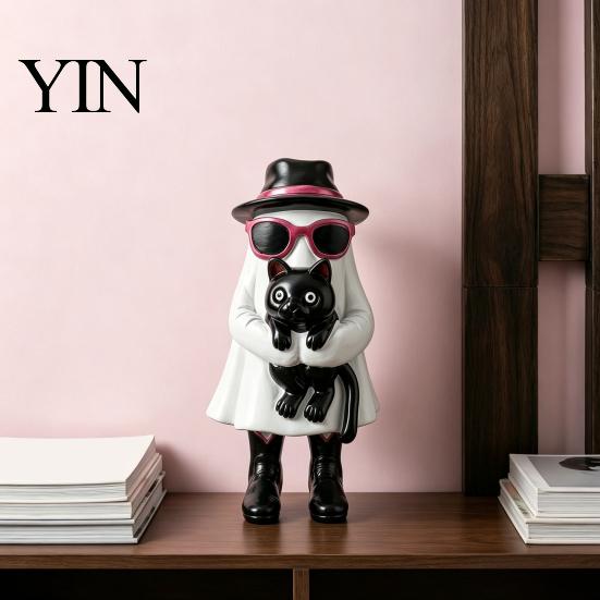 Pink Sunglasses Ghost Ornament Funny Halloween Figurine with Black Cat, Resin Statue Unique Gothic Home Decor & Top Hat, Retro for Tabletop Bookshelf