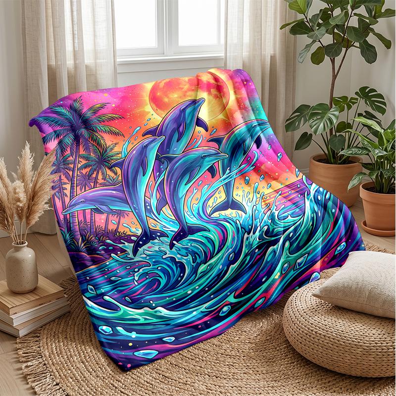 Dolphins Leaping at Sunset 1 Theme blanket Lightweight Warm Flannel Blanket Decorative Throw Blanket for Home Decoration