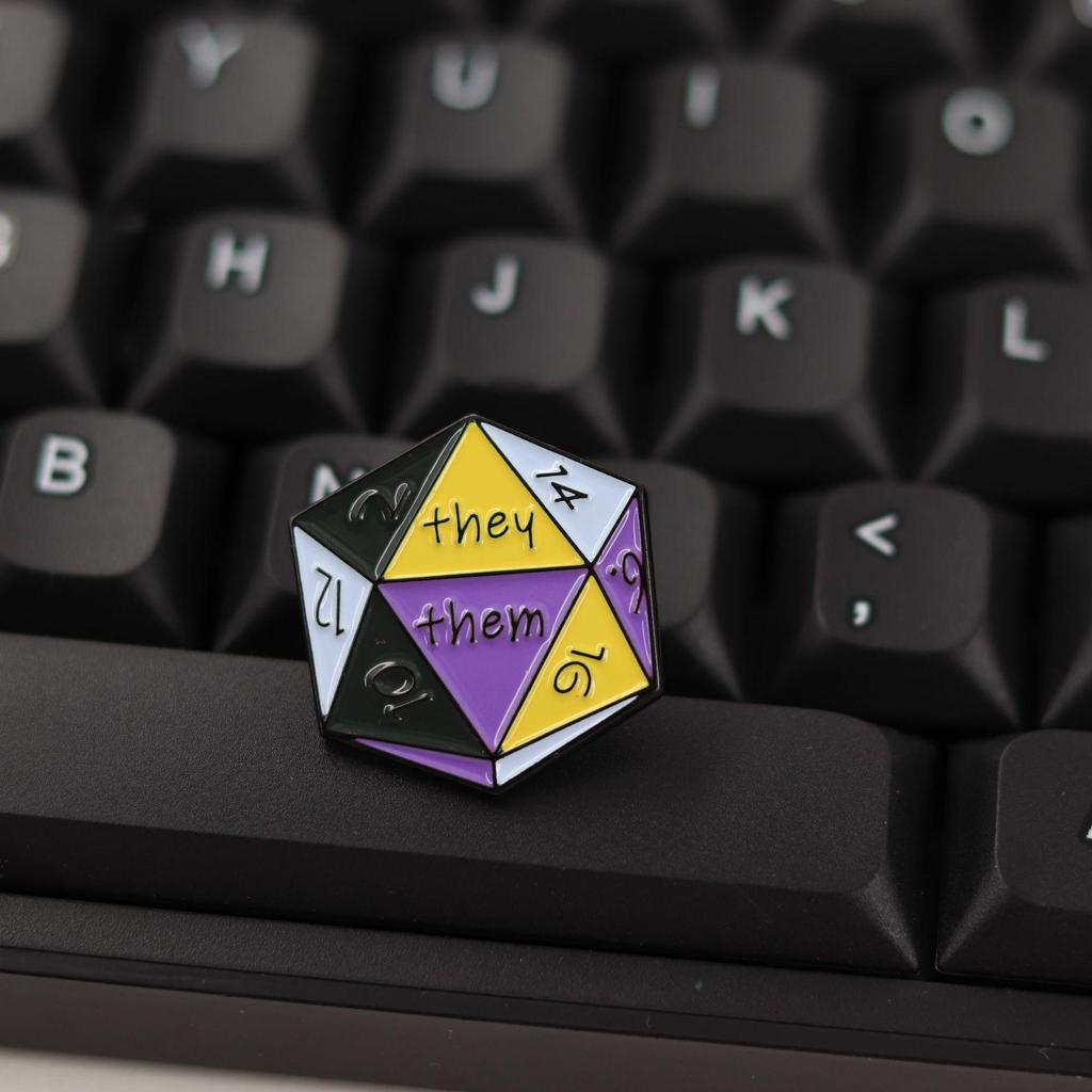 Non-Binary Pronoun DND Dice Badge - Game Merchandise Brooch for Backpack & Clothing Accessories