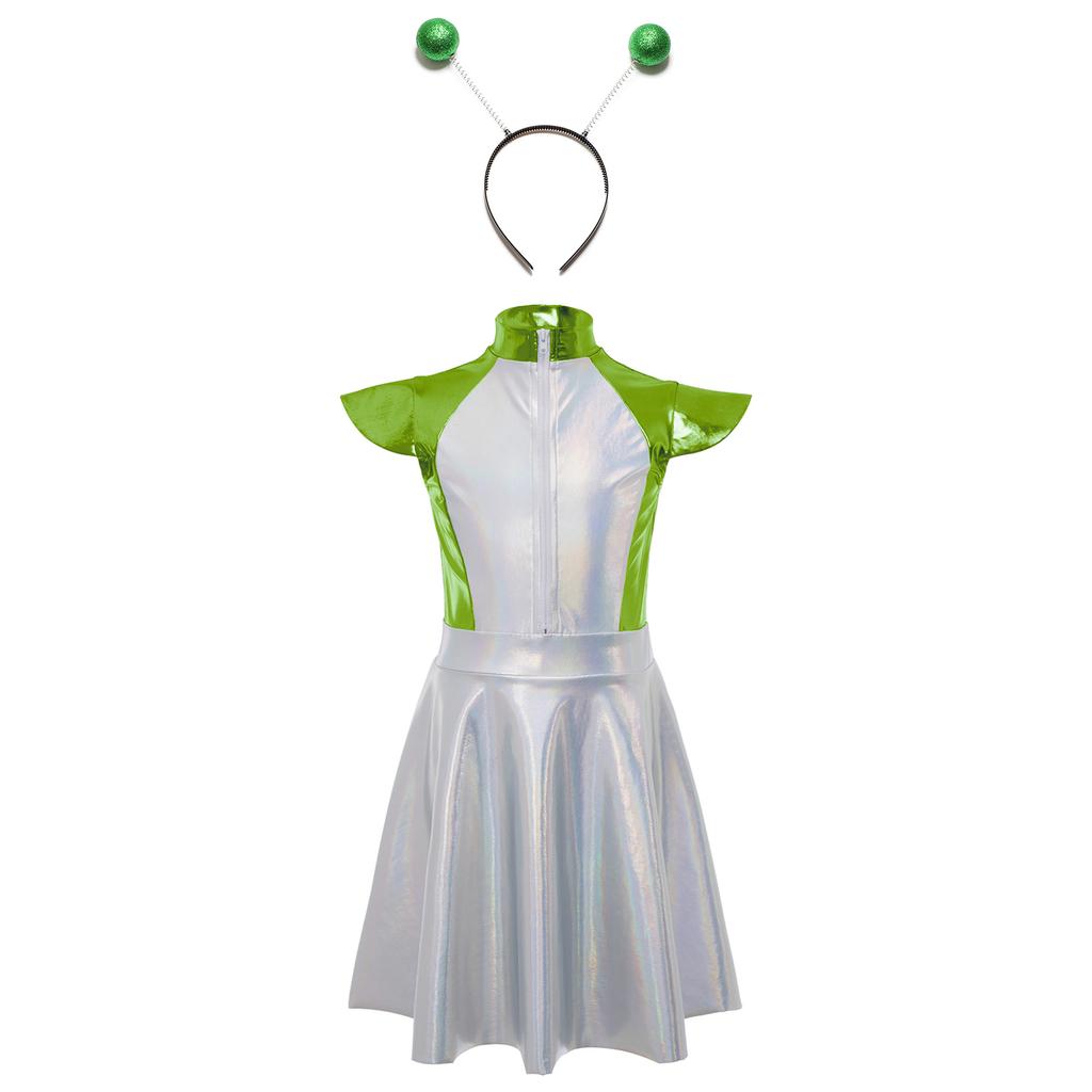 Girls Alien Costume Set Cap Sleeves High Waist Design A-Line Dress Outer Space Cutie Outfit Hair Hoop Included