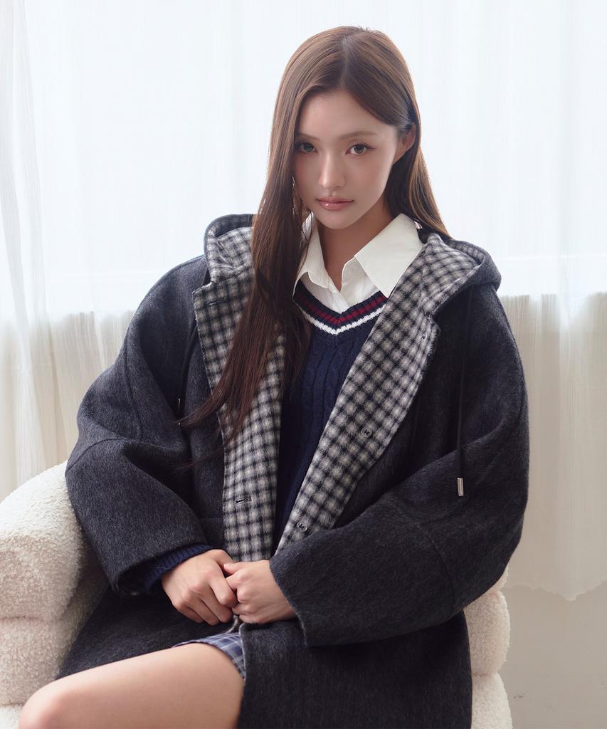 THE GREEN LAB Check Color Block Hooded Half Coat [Charcoal Gray]