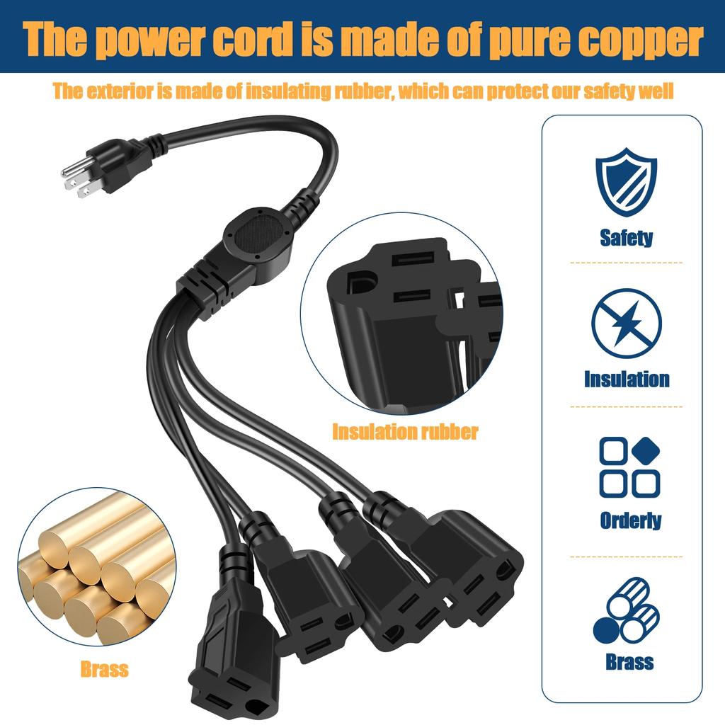 3 Prong Extension Cord Splitter Versatile 4-Outlet Cord Splitter Protective Outlet Splitter 3 Prong Extension Cord for Home2025