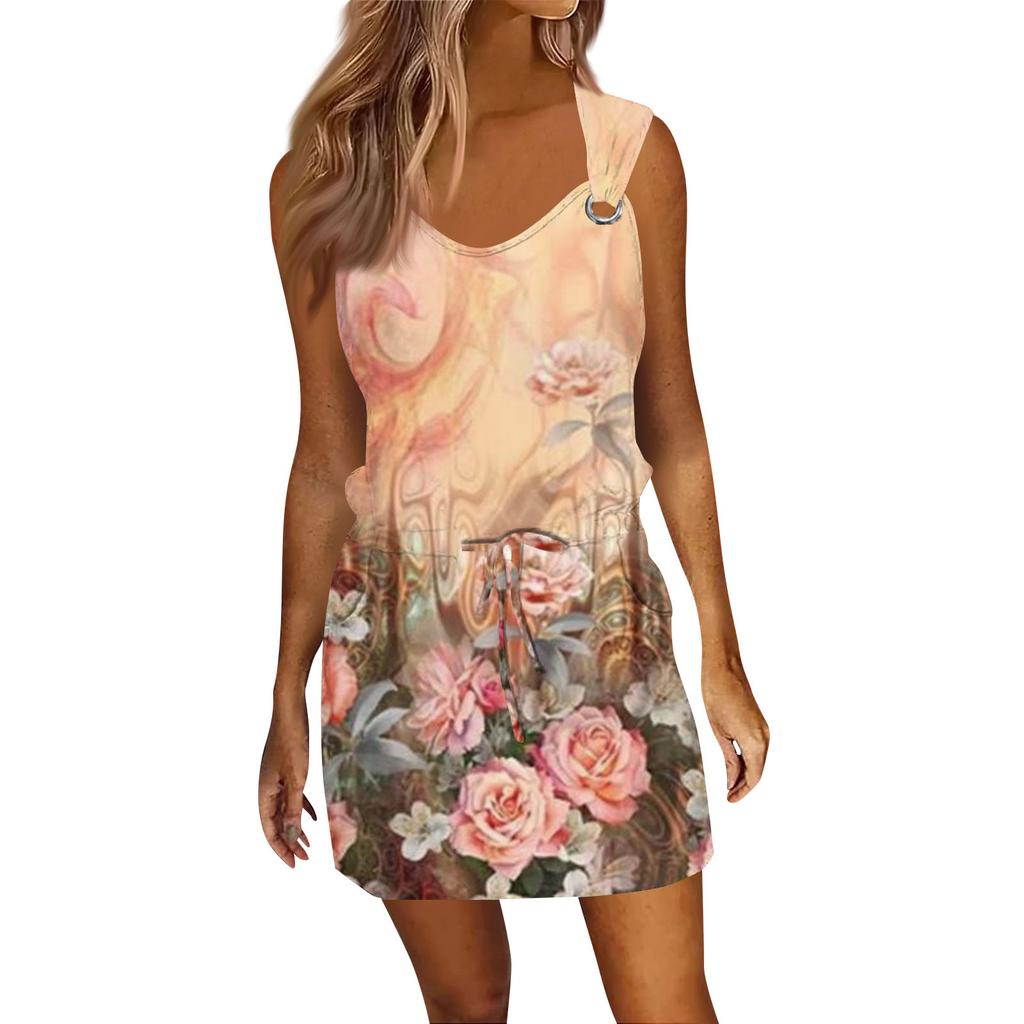 Женское модное повседневное платье без рукавов с принтом и завязками на шнурке с карманами