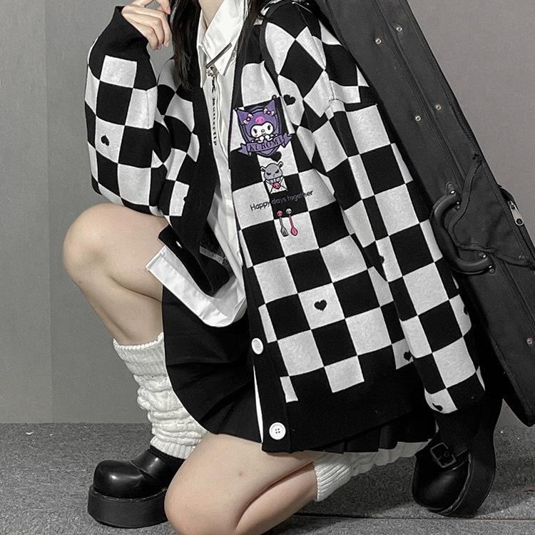 Женский осенний вязаный кардиган оверсайз в шахматную клетку, свитер JK, куртка, кардиган, топ для девочек