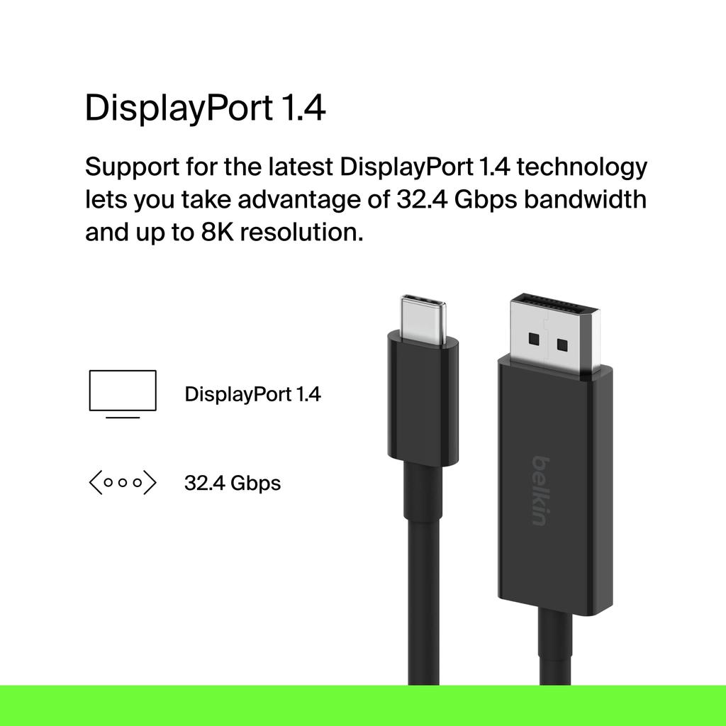 Кабель Belkin USB Type C - DisplayPort или HDCP DP Alt, обратная совместимость с Android и другими устройствами 1.4 6,6 футов/2 м, 32,4 Гбит/с 8K при 60 Гц 4K при 144 Гц, HBR3, DSC,