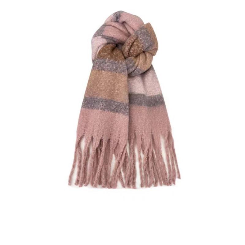 Plaid Scarf Women's Atmosphere Warm New Dry Rose Powder Autumn and Winter White Soft Fringed Shawl Scarf