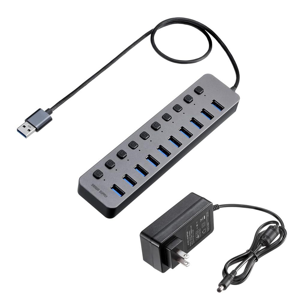 Sanwa Direct USB Hub 10 Port USB Charger with Individual Switch with AC Adapter Self-Powered USB3.2/5Gbps 400-HUBA23GM
