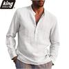 Cotton Linen Men's Long-Sleeved Shirts Summer Solid Color Stand-Up Collar Casual Beach Style Plus Size