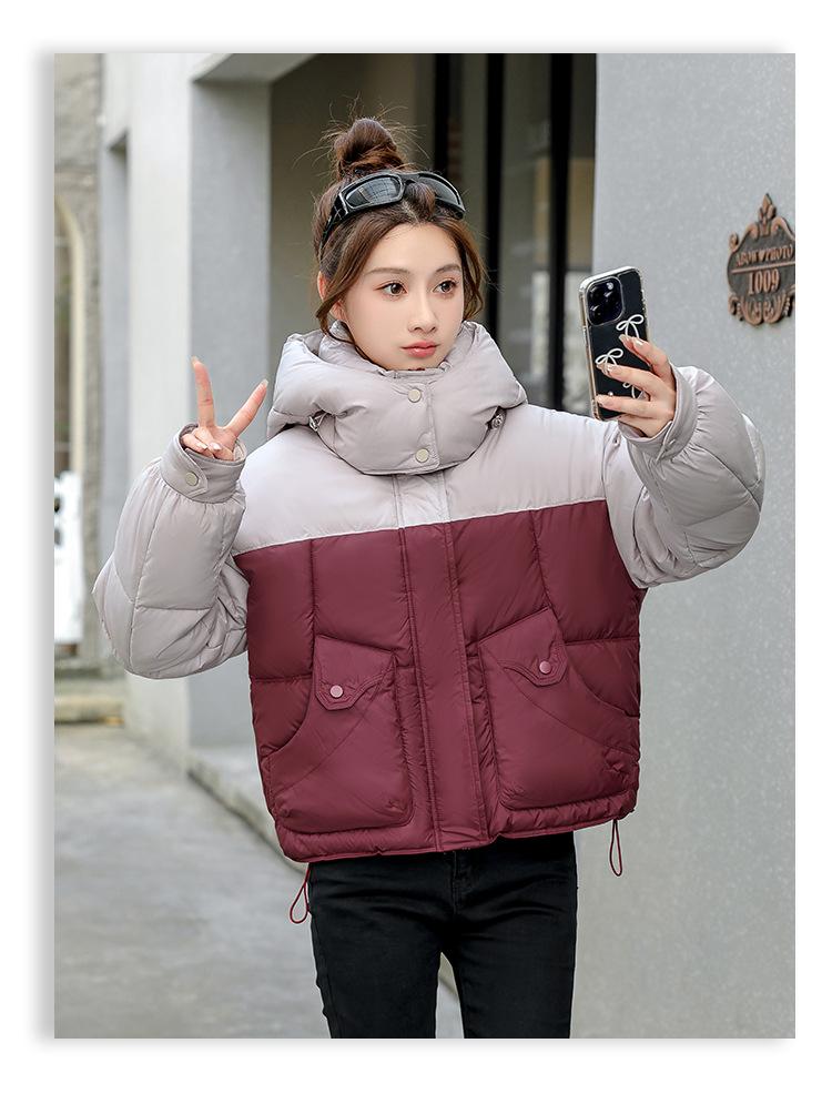 Autumn and Winter Women's Coat Hooded Short Color Matching Loose Casual Thickened Windproof Student Jacket