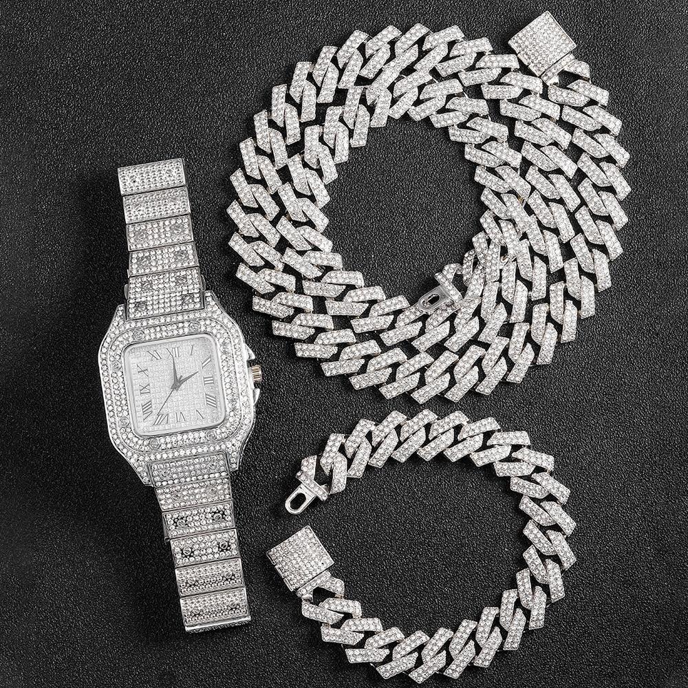 Мужчины Женщины Хип-Хоп 16 мм Iced Out Кристалл Кубинская Цепочка Ожерелье + Набор Браслетов С Разнообразием Стилей Индивидуальные Часы со Стразами