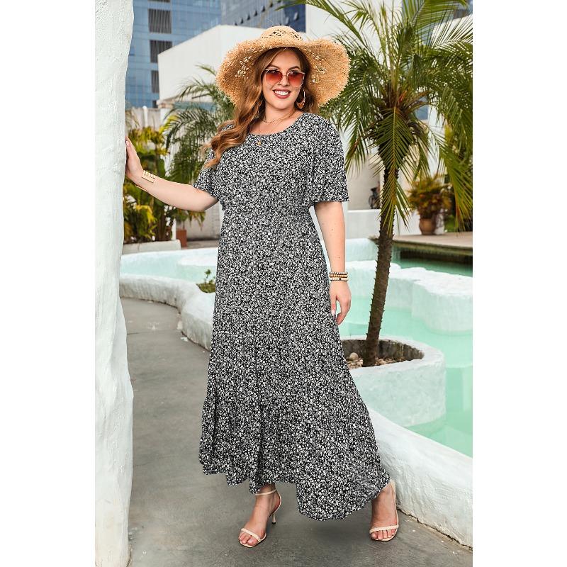 Новое повседневное платье для отпуска с цветочным принтом, круглым вырезом, коротким рукавом, миди-платьями
