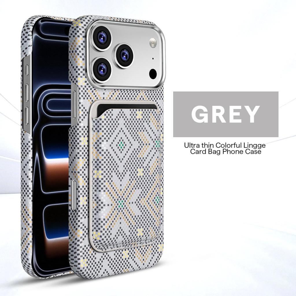 Чехол для iPhone 17 Pro Max с волокнистой текстурой, с водной наклейкой и магнитным держателем для карт, Совместим с Apple 16 Mirror Frame