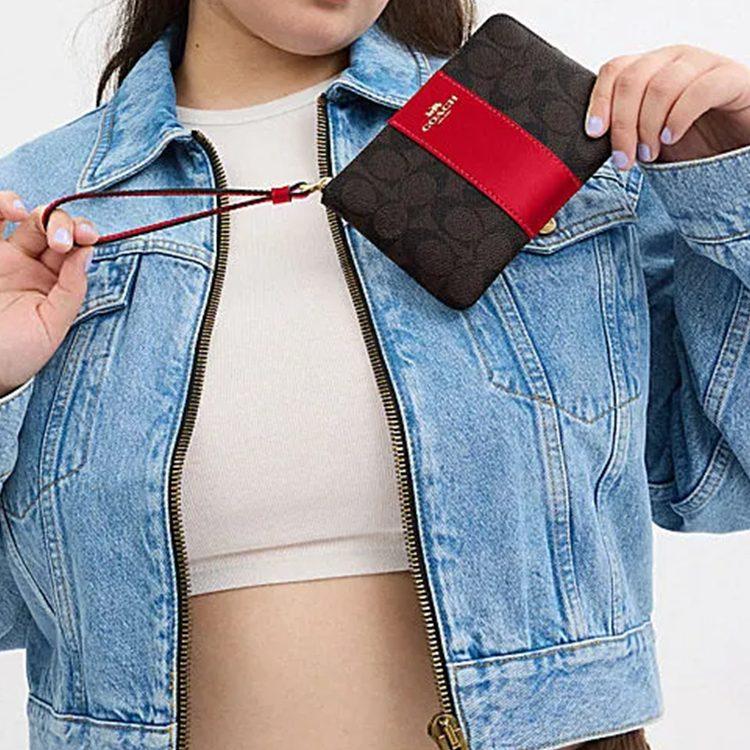 Coach Угловая молния, Искусственная кожа, Замша (split leather), Женская маленькая сумка-клатч на запястье, Цвет: Грецкий орех и Красный, CW854-IMXD0