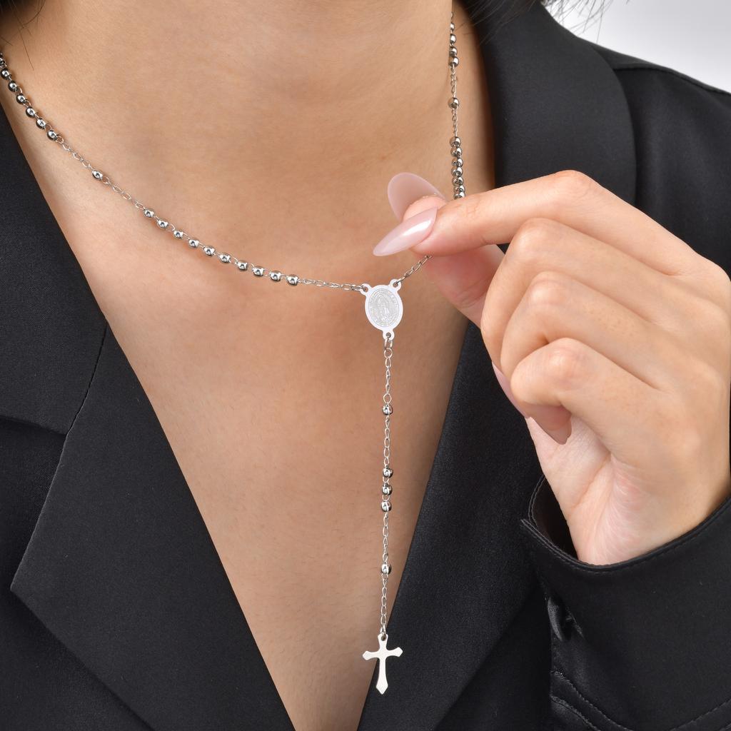 Stainless Steel Rosary Necklace For Wome, Long Chain Virgin Mary Y-shape Gold Plated Catholic Religious Jewelry