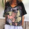 New T Shirt For Women Abstract V-neck Short Sleeve Tee Casual Oil Painting Female Clothing Fashion Street Retro Women's T-shirt
