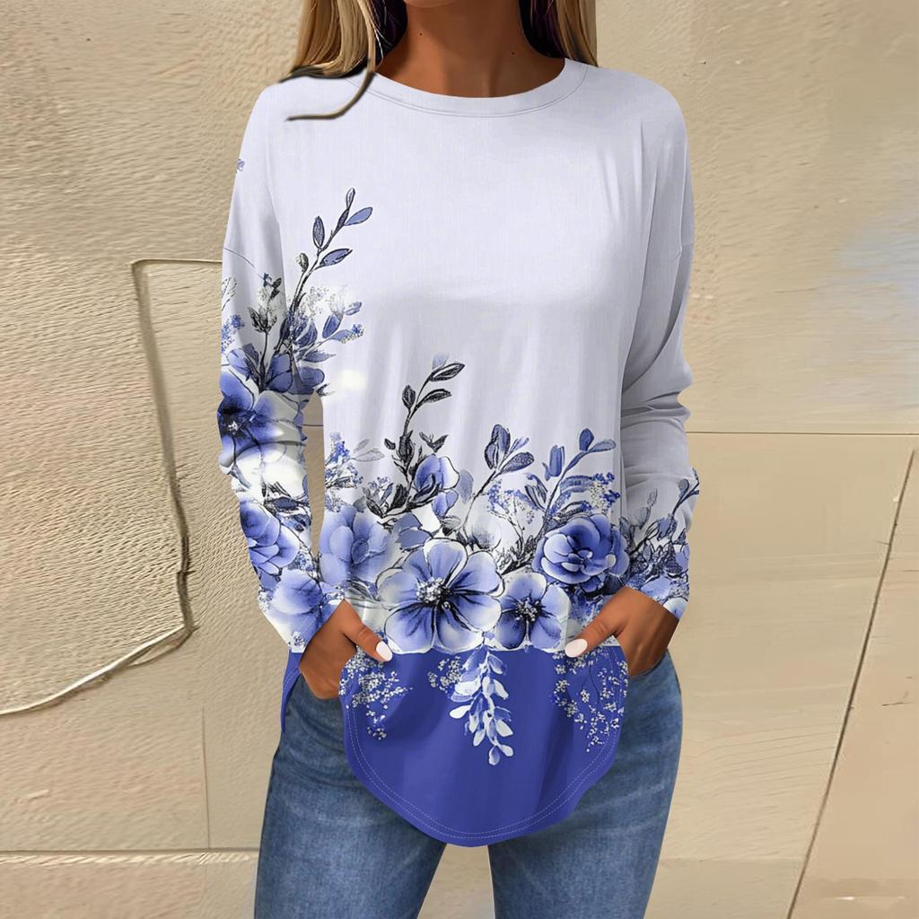 Женская свободная футболка с длинным рукавом с круглым вырезом и принтом, верхний пуловер