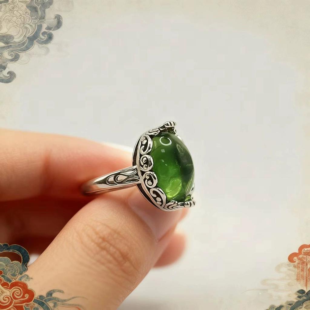 Retro Ethnic Style Thai Silver Hollow Withered Vine Green Zircon Adjustable Rings For Women Fashion New Jewelry Gift