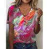 Women's Summer V Neck Buttons Tie Dye Printed Short Sleeve T-shirt Ladies Top