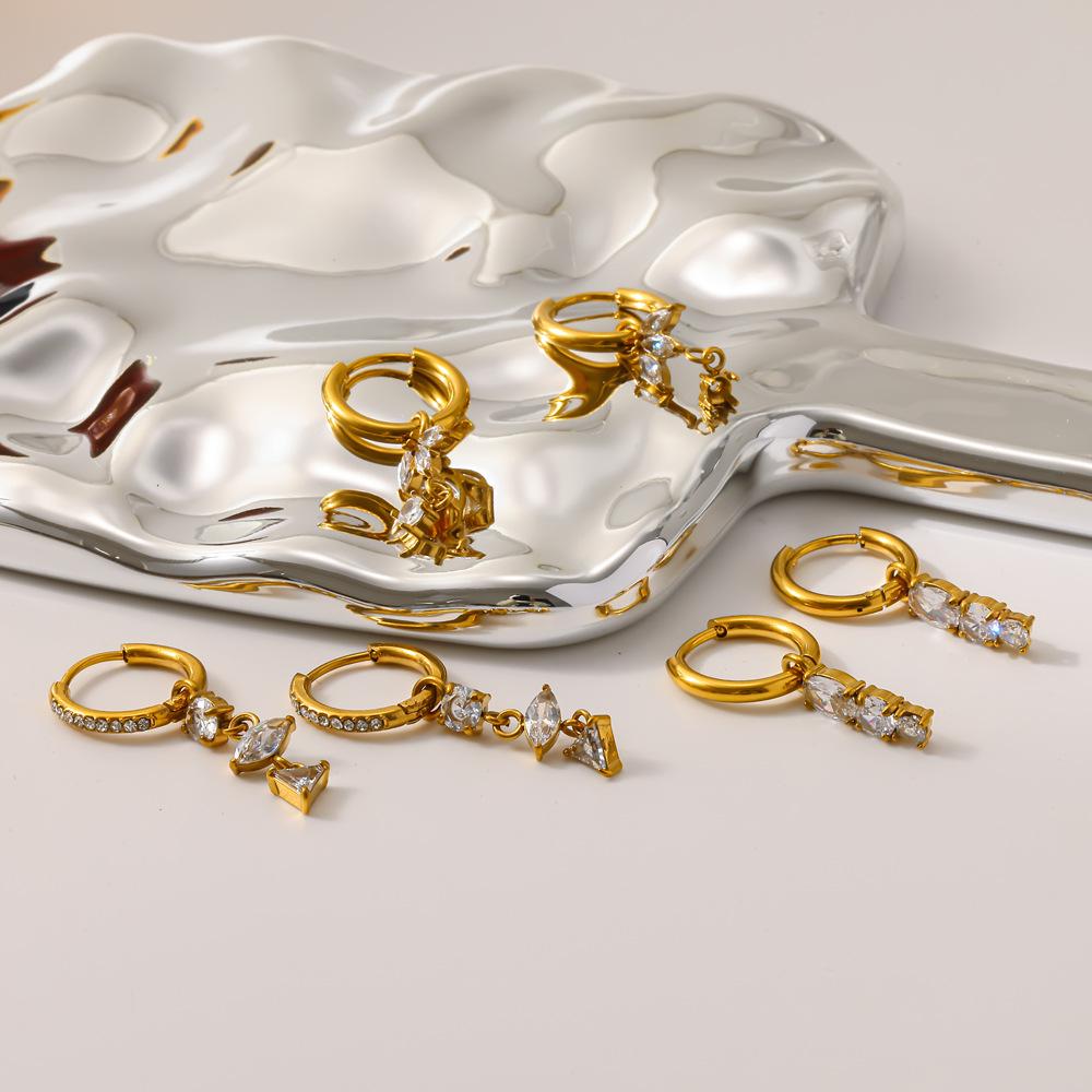 Fanhua Jewelry Tiktok Hot Selling Tarnish Free 18K Gold Plated Stainless Steel CZ Marquee Earring