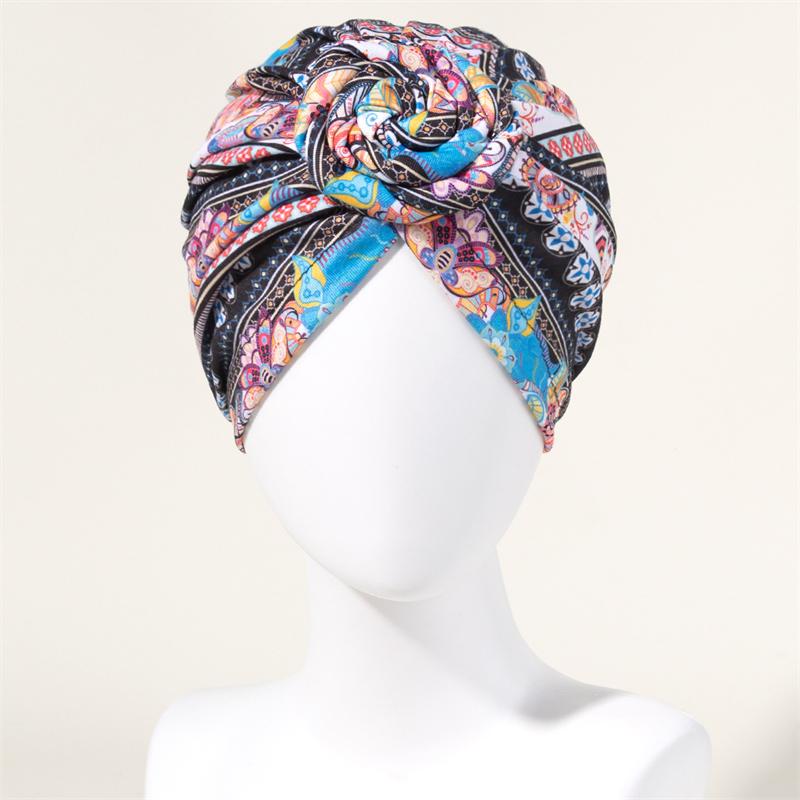 New African Print Pleated Turban Floral Beanie Pre Tied Front Knot Elastic Head Wrap Elegant Women Chemo Cap Bandana Headwear