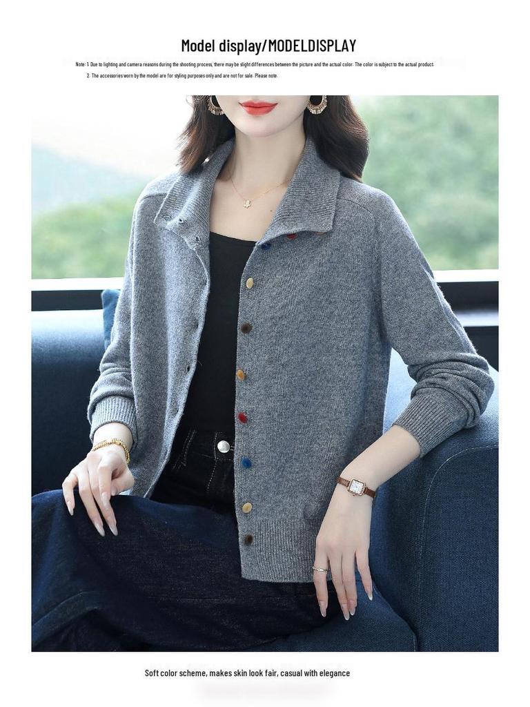 Женский вязаный кардиган из 100% чистой шерсти с отложным воротником - Осенняя мода, короткая куртка
