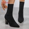 Fashion Aphixta Metal Color 7cm Square Heels Socks Boots Women Big Size 43 Stretch Fabric Elastic Pointed Toe Shoes Ankle Boot Woman