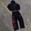 Unisex Hooded Zip-Up Sweatshirt Set Loose Fit Streetwear Tracksuit Cotton-Blend Long Sleeve Top Pants