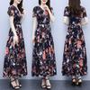 Ice Silk Short-sleeved Dress New V-neck Floral Long Skirt To Make Your Belly Cover